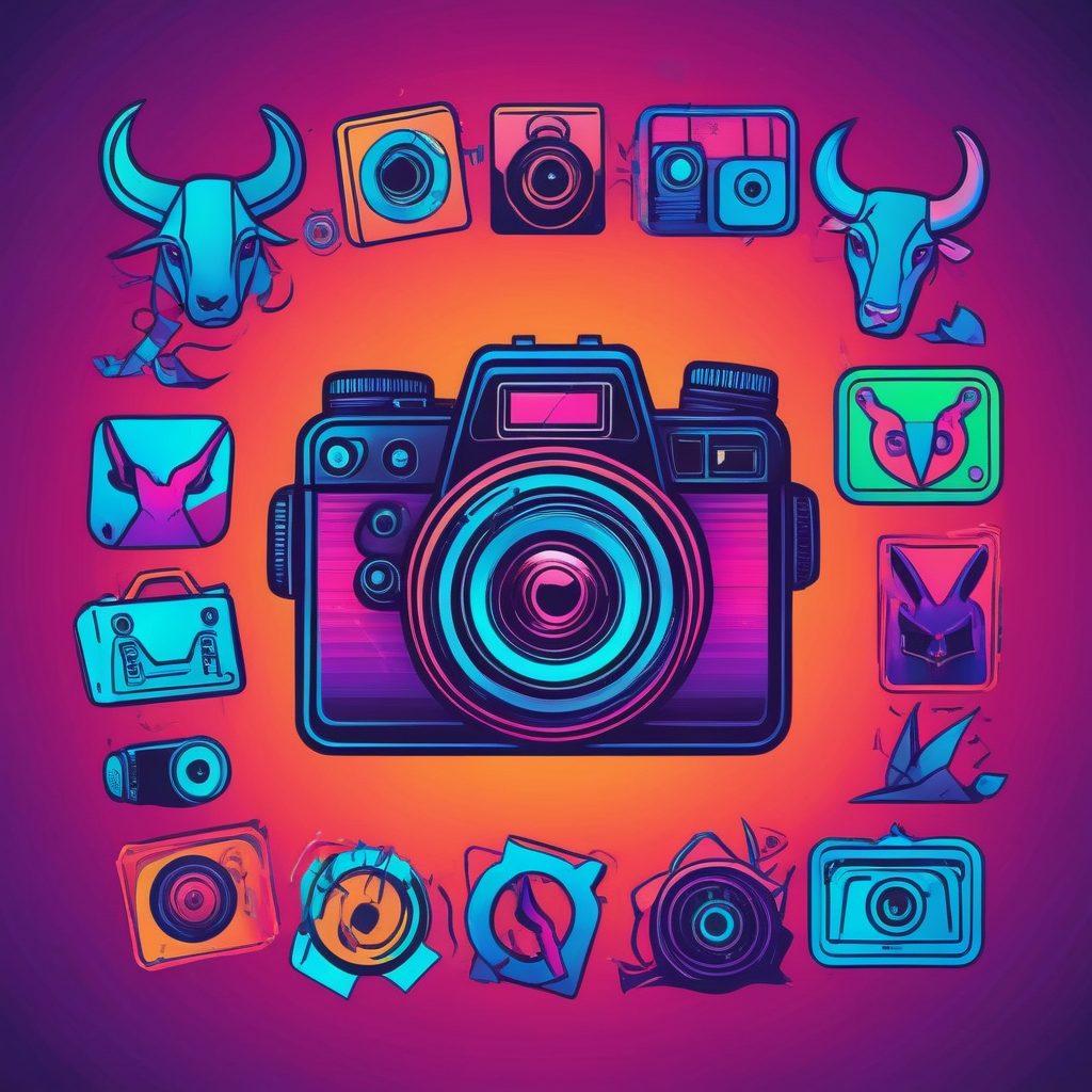 A diverse collage featuring symbolic icons for various porn categories, such as a camera for amateur, devil horns for hardcore, and more, arranged in a visually appealing, harmonious way. Use abstract but explicit symbols that hint at the content without being graphic. Soft gradients and neon colors. modern vector art.