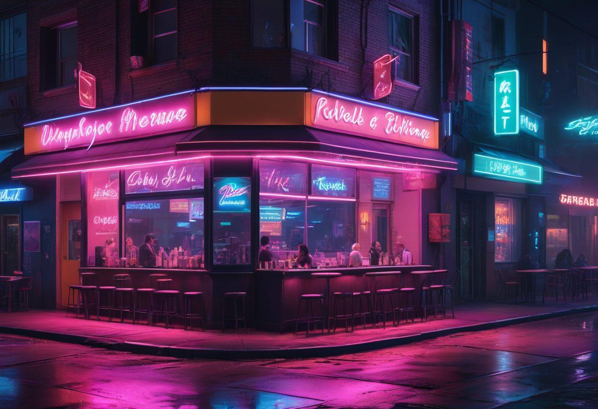 A visually diverse cityscape night scene, with neon signs illuminating various establishments ranging from calm coffee shops to vibrant nightclubs. Portray various adult interactions subtly, maintaining a tasteful and respectful atmosphere. Highlight the contrast between mild and wild activities, with colors transitioning from soft pastels to vivid neon hues. cyberpunk. vibrant colors. dynamic lighting.