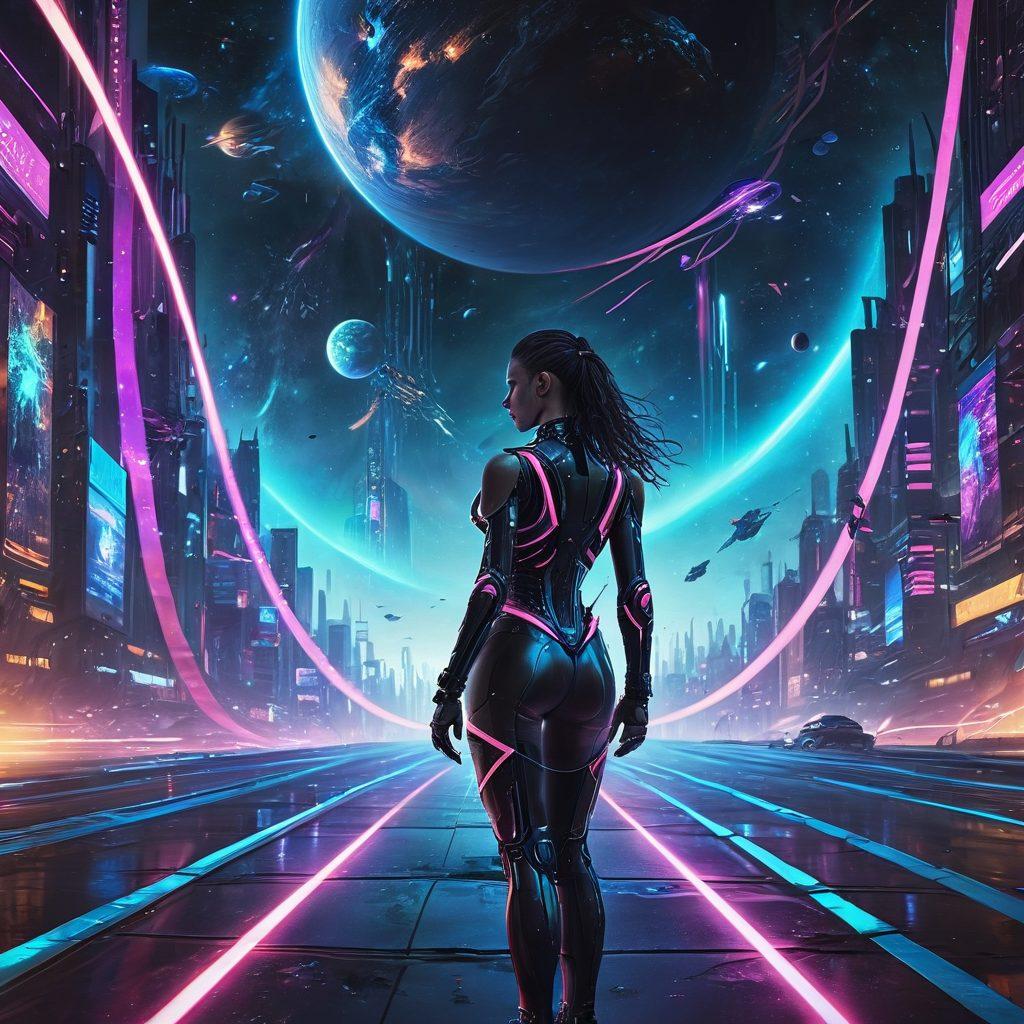 A cosmic, surreal landscape displaying a diverse array of digital content streams flowing like neon ribbons through space. Intertwine celestial bodies and futuristic interfaces with a central human figure exploring this vast galaxy, depicting the idea of navigating the online space. cyberpunk. vibrant colors. super-realistic.